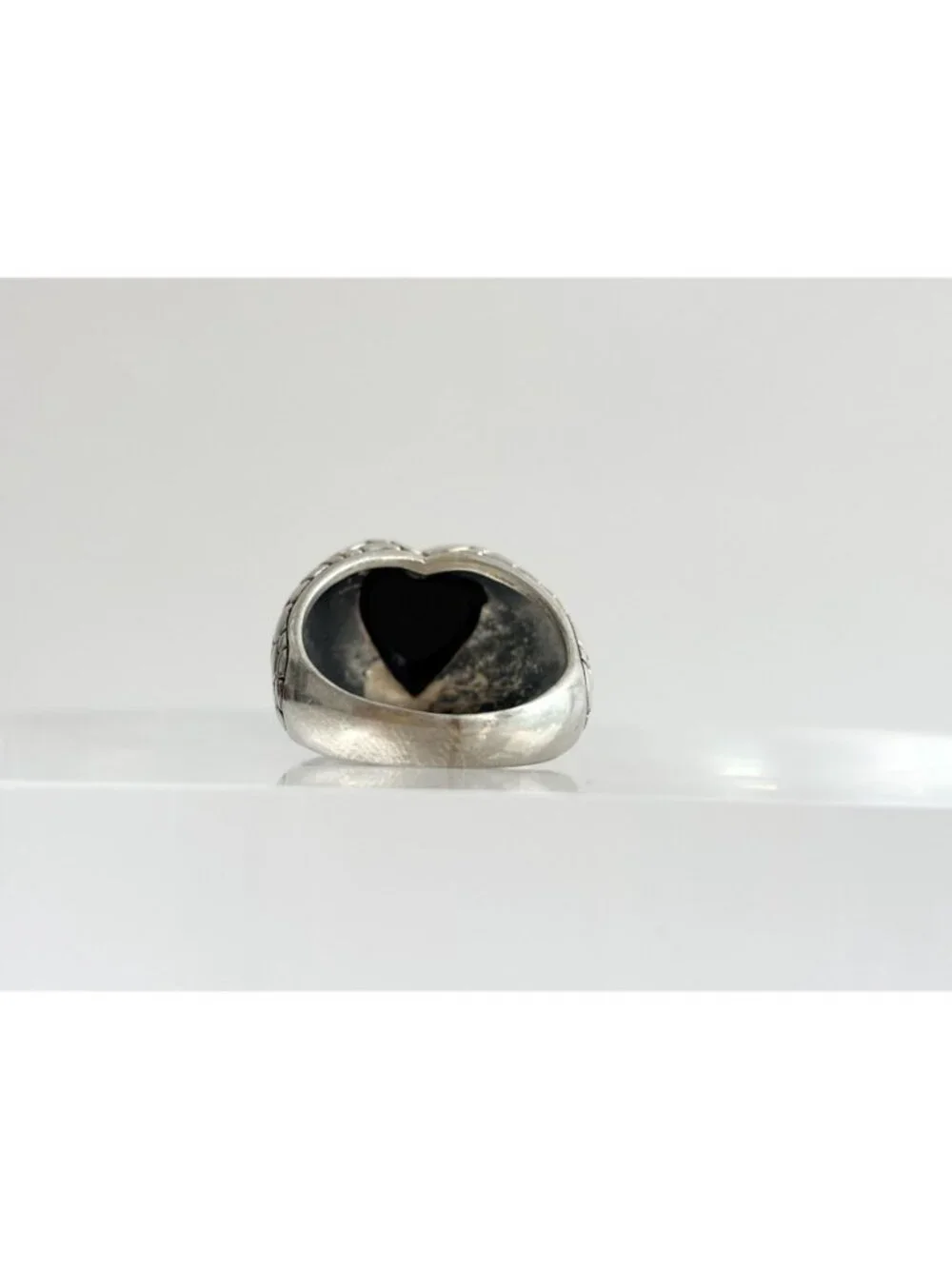 Heart Black Onyx Tortoise Shell Pattern Sterling Silver 925 Vintage Ring sz 6.5